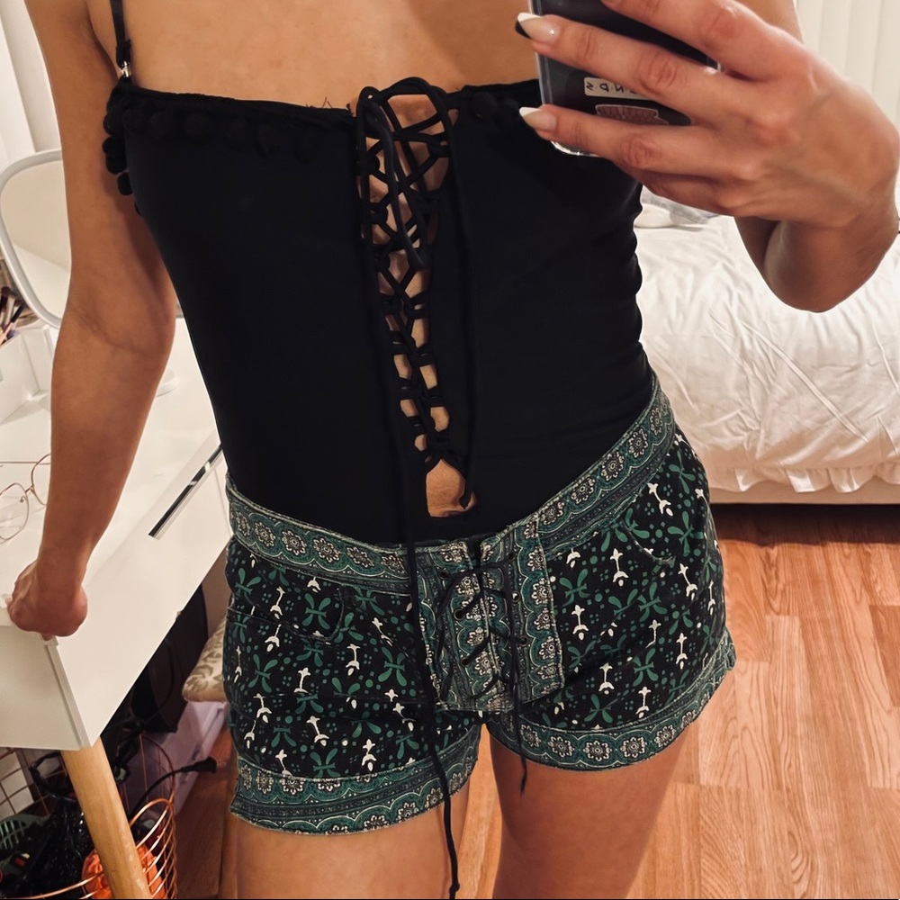 Mid Rise Green Denim Shorts